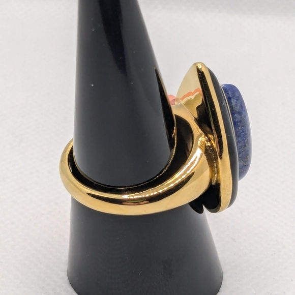 Lapis Lazali Black Enameled Ion Gold & Blue Teardrop Stainless Steel Ring Size 8 - Picture 3 of 7